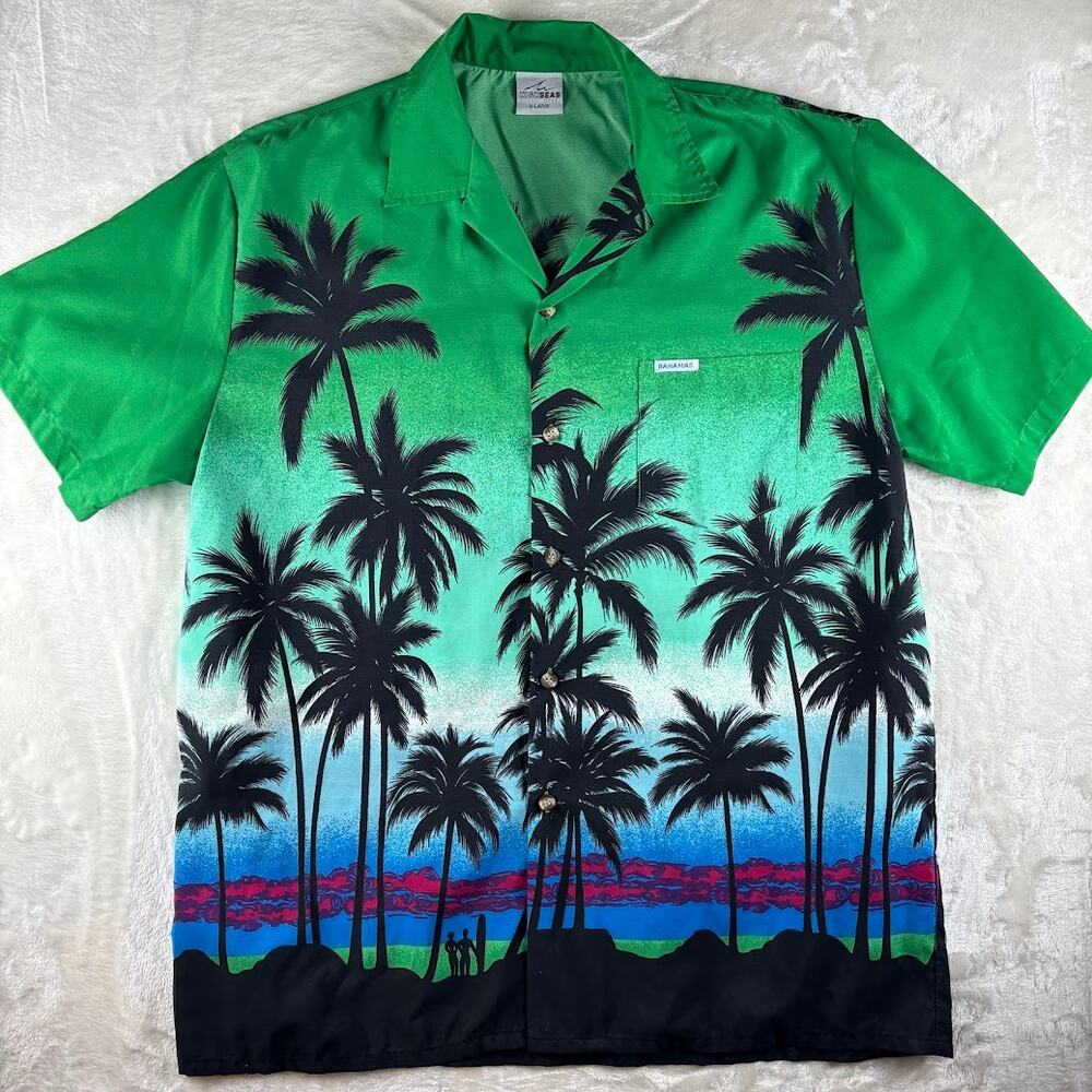 High Seas Resort Wear Hawaiian Shirt Men's XL Bahamas Green Palm Trees Sunset